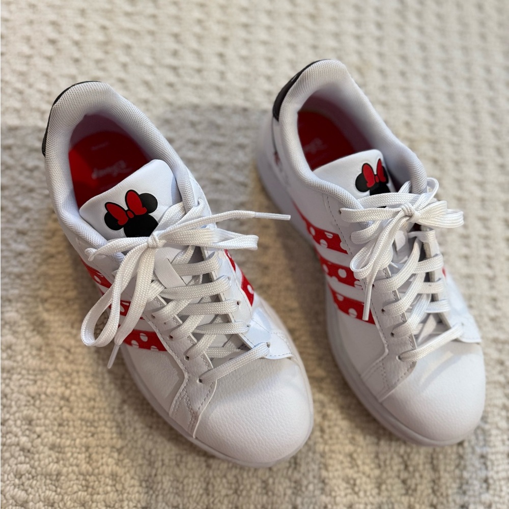 adidas White and Red Minnie Bow Sneakers